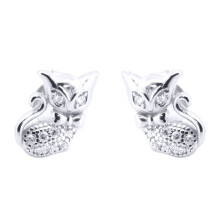 Jewelco London Rhodium Silver Round CZ Cute Cats wearing Bowtie Stud Earrings - AES196