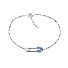 Jewelco London Rhodium Silver Round Light Blue CZ Safety Pin Charm Bracelet - ABB226