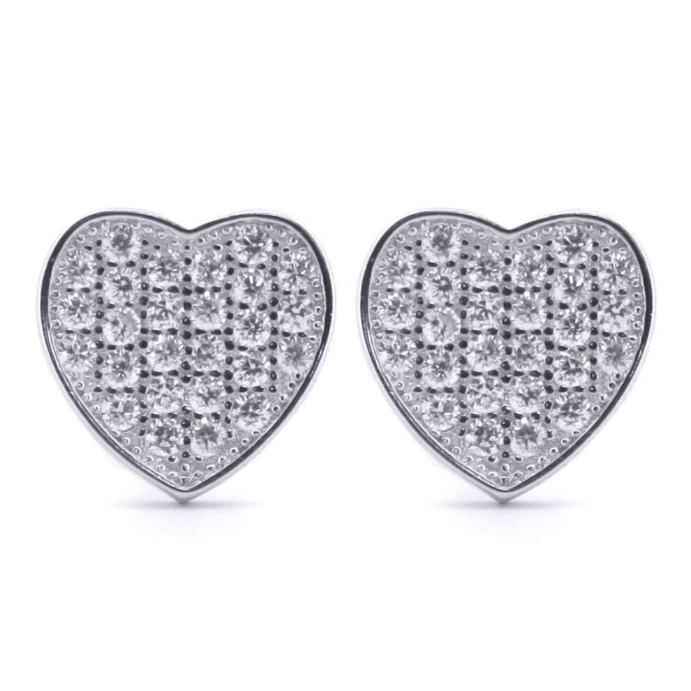 Jewelco London Rhodium Silver Round Cz Encrusted Love Heart Stud Earrings - Aes172