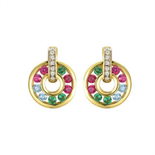 Jewelco London 14k Gold-plated Silver Rainbow Round Brilliant CZ Hanging Circle Drop Earrings - AES239
