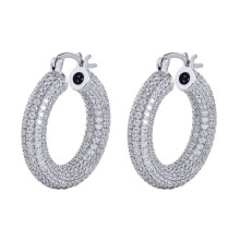 Jewelco London Rhodium Silver Round CZ Iced Encrusted Round Tube Hoop Earrings - AER147