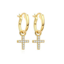 Jewelco London 14k Gold-plated Silver Round CZ Pave Cross Charm Hanging Huggie Hoop Drop Earrings - AER164