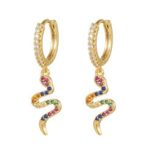 Jewelco London 14k Gold-plated Silver Rainbow CZ Pave Coiled Snake Hanging Huggie Hoop Drop Earrings - AER162