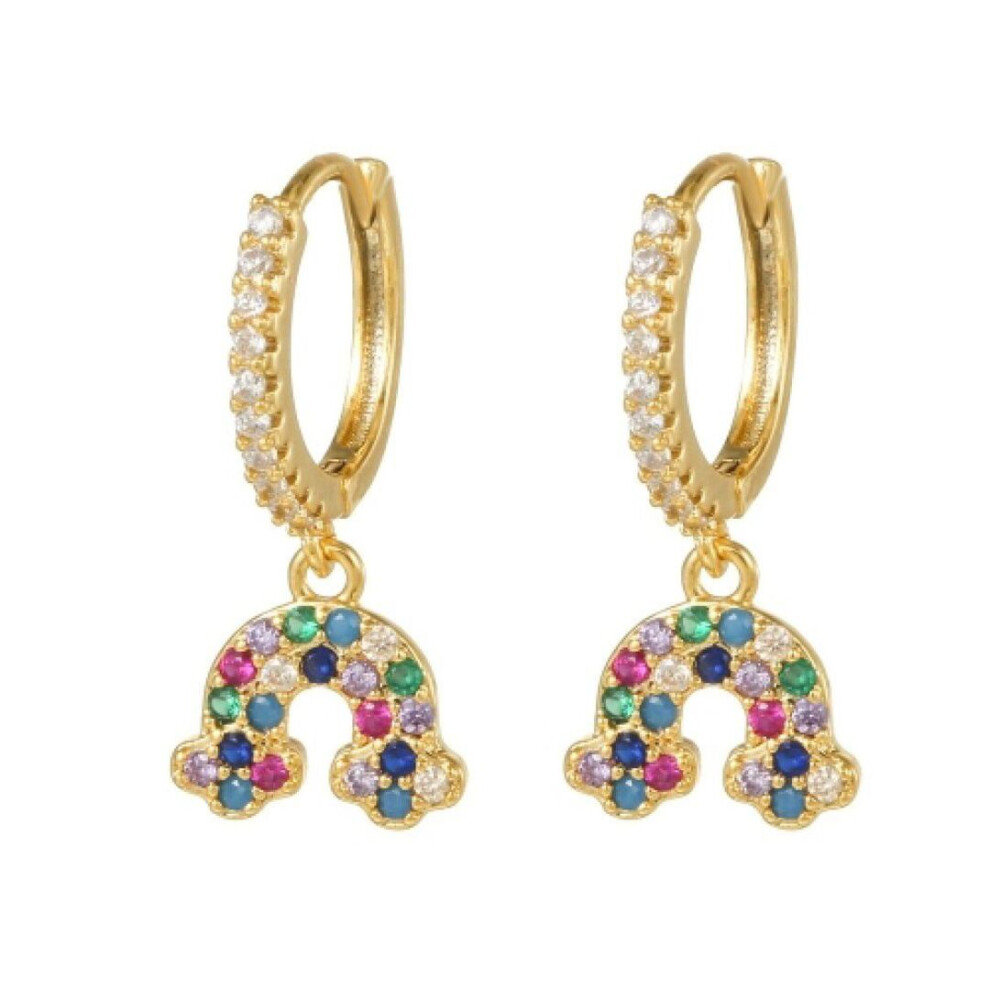 Jewelco London 14K Gold-Plated Silver Rainbow Cz Rainbow Clouds Horseshoe Hanging Huggie Hoop Drop Earrings - Aer165