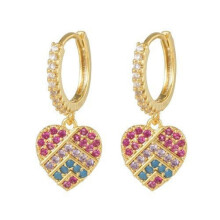 Jewelco London 14k Gold-plated Silver Pink Lilac Blue CZ Pastel Pave Love Heart Hanging Huggie Hoop Drop Earrings - AER160