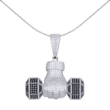 Jewelco London Men's Rhodium Silver Black CZ Hand Holding Hex Dumbell Free Weight Charm Pendant 1oz - APD170