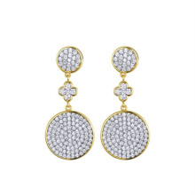 Jewelco London 14k Gold-plated Silver Round CZ Encrusted Flat Disc Clover Drop Earrings - AES243