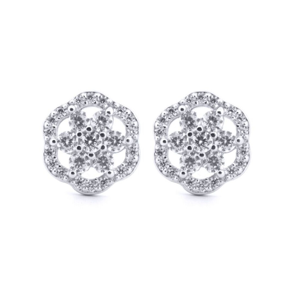 Jewelco London Rhodium Silver Round Cz Scallop Edge Dasiy Flower Stud Earrings - Aes204