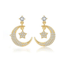 Jewelco London 14k Gold-plated Silver Round CZ Star & Crescent Moon Solitaire Drop Earrings - AES211