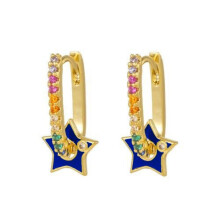 Jewelco London 14k Gold-plated Silver Rainbow Round Brilliant CZ Blue Enamel Spinning Star Spur Oval Drop Earrings - AER163