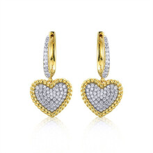 Jewelco London 14k Gold-plated Silver Round CZ Rope Edge Encrusted Love Heart Hanging Huggie Hoop Drop Earrings - AER172
