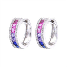 Jewelco London Rhodium Silver Pink Lilac Blue Princess CZ Channel Set Eternity Frame Hoop Earrings - AER168