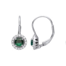 Jewelco London Ladies Rhodium Plated Sterling Silver Green CZ Solitaire Saturn Halo Drop Earrings - GVE813EM