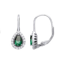 Jewelco London Ladies Rhodium Plated Sterling Silver Green Pear CZ Tears of Joy Halo Drop Earrings - GVE814EM