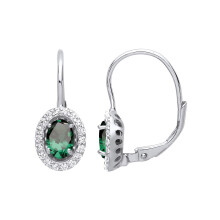 Jewelco London Ladies Rhodium Plated Sterling Silver Green Oval CZ Solitaire Halo Drop Earrings - GVE815EM