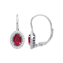 Jewelco London Ladies Rhodium Plated Sterling Silver Red Oval CZ Solitaire Halo Drop Earrings - GVE815RU