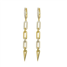 Jewelco London 14k Gold-plated Silver Round CZ Pave Paper Cable Chain Link Torpedo Shoulder Duster Drop Earrings - AER171