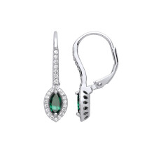 Jewelco London Ladies Rhodium Plated Sterling Silver Green Marquise CZ Solitaire Halo Drop Earrings - GVE816EM