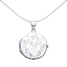 Jewelco London Ladies Rhodium Plated Sterling Silver Flower Leaves Engraved Round Locket Pendant Necklace - LK59