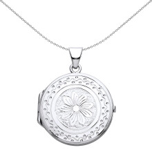 Jewelco London Ladies Rhodium Plated Sterling Silver Flower Waves Dots Engraved Round Locket Pendant Necklace - LK60