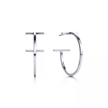 Jewelco London Rhodium Silver Hammer Head T Square Tube Omega Hoop Earrings 20mm - AER137