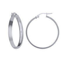 Jewelco London Rhodium Silver D-Shape Wedding Band Style 4mm Hoop Earrings 25mm - AER135C