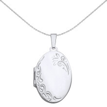 Jewelco London Ladies Rhodium Plated Sterling Silver Engraved Floral Filigree Oval Locket Pendant Necklace - LK67