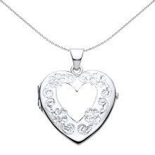 Jewelco London Ladies Rhodium Plated Sterling Silver Flower Leaves Engraved Love Heart Locket Pendant Necklace - LK62
