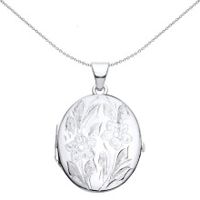 Jewelco London Ladies Rhodium Plated Sterling Silver Flower Leaves Engraved Oval Locket Pendant Necklace - LK58