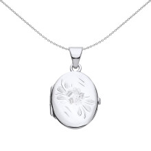 Jewelco London Ladies Rhodium Plated Sterling Silver Flower Engraved Oval Locket Pendant Necklace - LK56