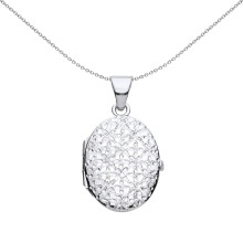 Jewelco London Ladies Sterling Silver Engraved Double Helix Butterfly Quilt Oval Locket Pendant Necklace - LK64