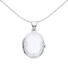 Jewelco London Ladies Rhodium Plated Sterling Silver Engraved Scallope Edge Dots Oval Locket Pendant Necklace - LK63