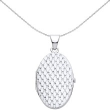 Jewelco London Ladies Rhodium Plated Sterling Silver Engraved Diamond Quilted Mesh Oval Locket Pendant Necklace - LK65
