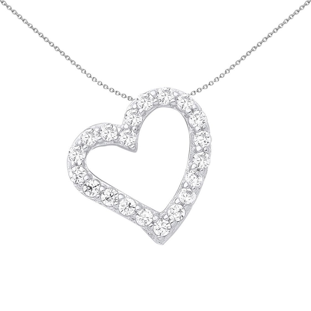 Jewelco London Ladies Rhodium Plated Sterling Silver Cz Love Heart Outline Pendant Necklace - Gvp214wh