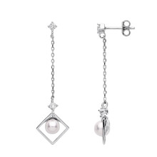 Jewelco London Ladies Rhodium Plated Sterling Silver Cream Pearl CZ Square Chain Art Deco Shoulder Duster Drop Earrings - GVE994