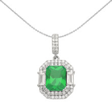 Jewelco London Ladies Sterling Silver Green Radiant Baguette CZ Octagon Amphitheatre Pendant Necklace - GVP479EM