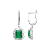 Jewelco London Ladies Rhodium Plated Sterling Silver Green Radiant Baguette CZ Octagon Football Stadium Drop Earrings - GVE700EM