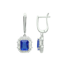 Jewelco London Ladies Rhodium Plated Sterling Silver Blue Radiant Baguette CZ Octagon 3 Tier Cluster Drop Earrings - GVE700SAP