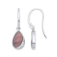 Jewelco London Ladies Rhodium Plated Sterling Silver Black Pear CZ Mother of Pearl Crescent Coast Raindrop Drop Earrings - GVE931
