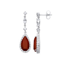 Jewelco London Ladies Rhodium Plated Sterling Silver Red Pear Marquise CZ Tears of Joy Halo Drop Earrings - GVE735RU