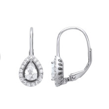 Jewelco London Ladies Rhodium Plated Sterling Silver Pear CZ Tears of Joy Halo Drop Earrings - GVE814WH
