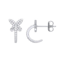 Jewelco London Ladies Rhodium Plated Sterling Silver CZ Semi Eternity Hoop Butterfly Drop Earrings - GVE946