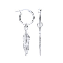 Jewelco London Ladies Rhodium Plated Sterling Silver Angel Wing Feather Leaf Hoop Drop Earrings - GVE955