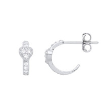 Jewelco London Ladies Rhodium Plated Sterling Silver CZ Semi Eternity Hoop Love Heart Drop Earrings - GVE948