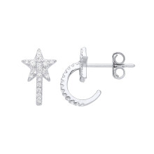 Jewelco London Ladies Rhodium Plated Sterling Silver CZ Semi Eternity Hoop Super Star Drop Earrings - GVE947