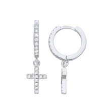 Jewelco London Ladies Rhodium Plated Sterling Silver CZ Eternity Huggie Hoop Cross Drop Earrings - GVE951