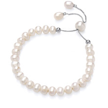 Jewelco London Ladies Rhodium Plated Sterling Silver Cream Oval Pearl Wobbly Pebble Adjustable Slider Bracelet 6mm - GVB596