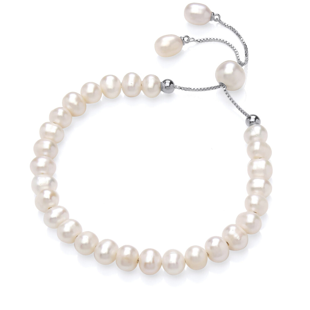 Jewelco London Ladies Rhodium Plated Sterling Silver Cream Oval Pearl Wobbly Pebble Adjustable Slider Bracelet 6mm - GVB596-image-OPC-PD5GXXS-NEW