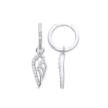 Jewelco London Ladies Rhodium Plated Sterling Silver CZ Angel Wings Huggie Hoop Drop Earrings - GVE975