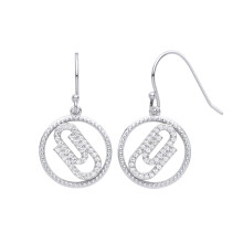 Jewelco London Ladies Rhodium Plated Sterling Silver CZ Beaded Halo Ring Paperclip Circle Drop Earrings - GVE976